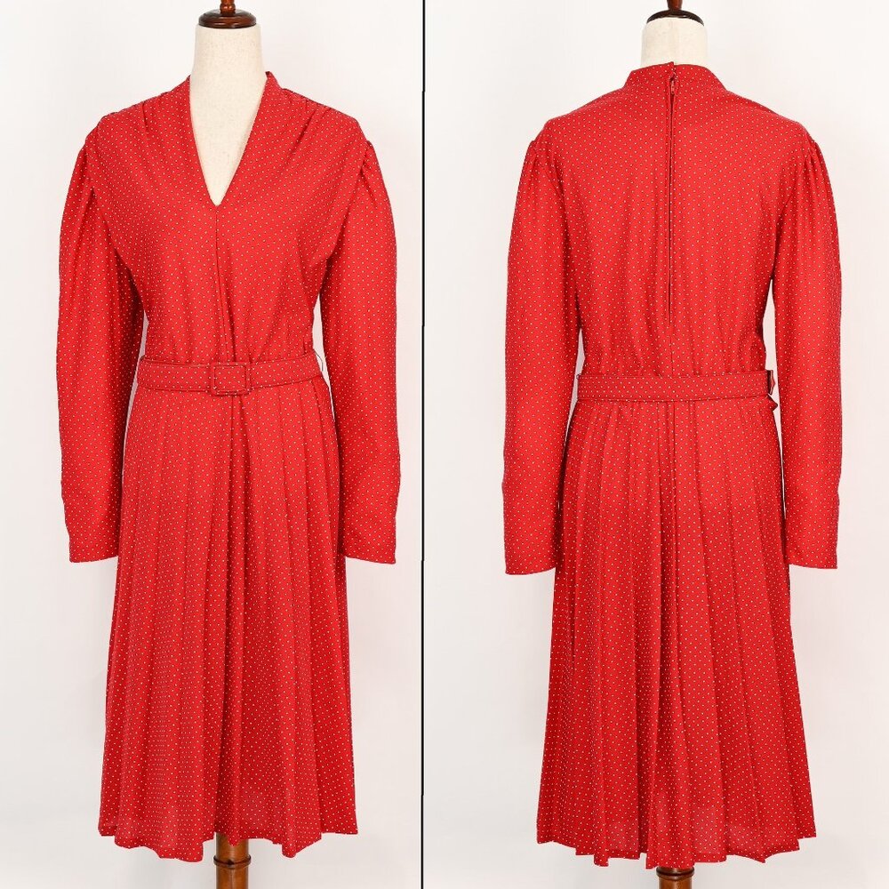 Vintage 80s Red & White Polka-dot JOAN CURTIS Long Sleeve Belted Midi Dress